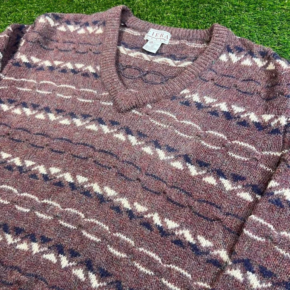 Vintage Ciera 100% Wool Nordic Fair Isle Sweater XL Brown Pink Gray 90s Knitwear